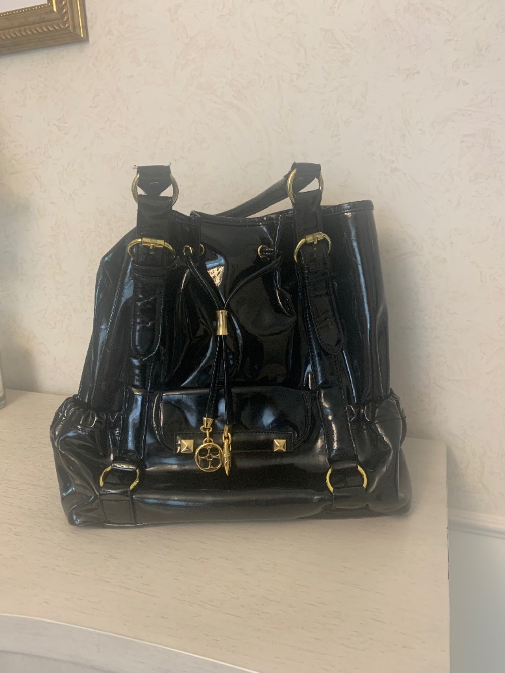 Iman Black Faux Patent Leather Large Tote Bag